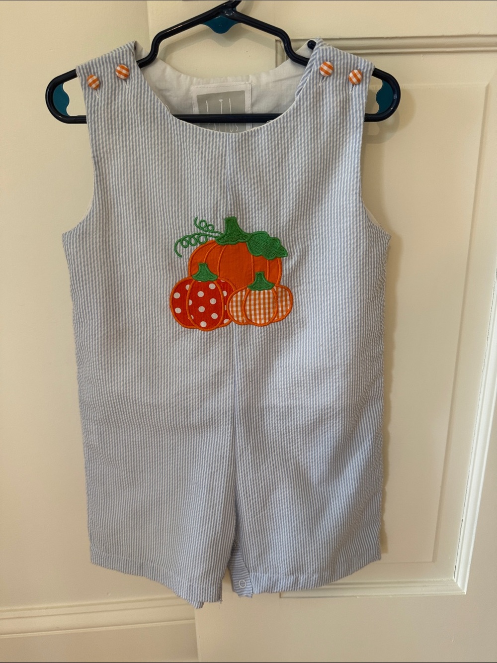 Children's Light Blue Seersucker Pumpkin Appliqué romper